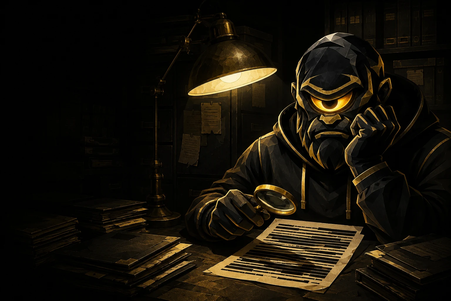 ZYCLOPS painstakingly examines a completely redacted file at his desk in a dark archive.