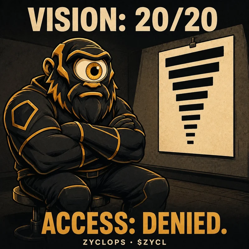 ZYCLOPS beside a redacted eye-test chart. Vision 20/20. Access denied.
